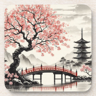 Posavasos Puente de la Pagoda de la Flor de Cerezo Japonesa