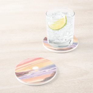 Posavasos Puesta de sol del mar rosado   Pintura en acuarela