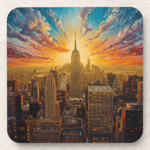 Posavasos Puesta de sol dorada sobre la silueta de la ciudad