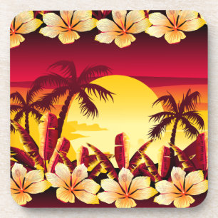Posavasos Puesta de sol tropical con palmeras