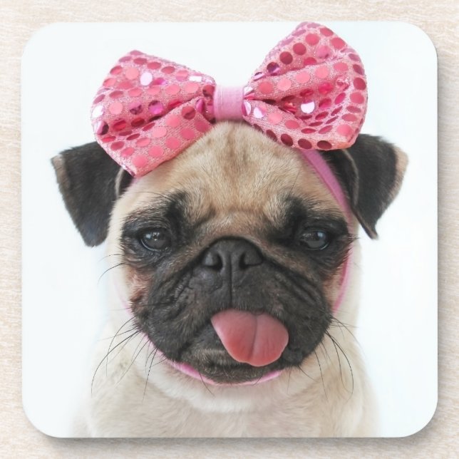 Posavasos Pug con arco rosado (Frente)