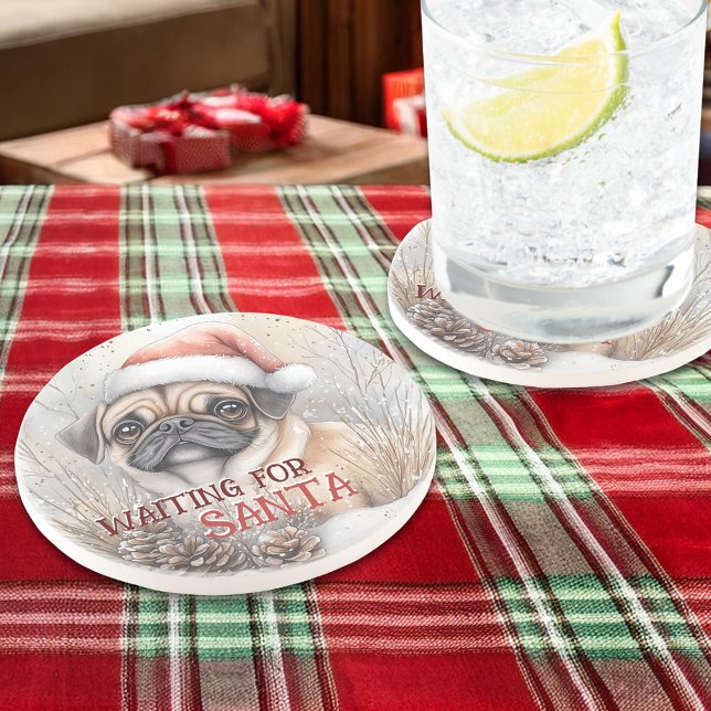 Posavasos Pug Esperando La Acuarela De Perro De Santa Navida (Pug Waiting For Santa Christmas Dog Watercolor Coaster to be personalized by you)