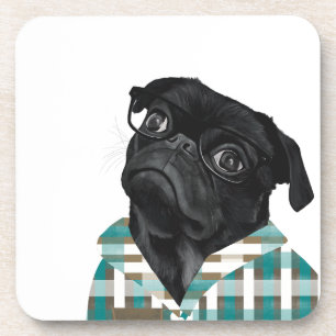 Posavasos Pug Negra Adorable Con Gafas Y Camisa