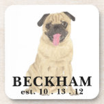 Posavasos Pug personalizado<br><div class="desc">¡Estoy enamorado de este hermoso y detallado ilustracion acuarela de un cerdo moreno sonriente con máscara negra y orejas! Personaliza estos con tu nombre o monograma y cambia el color de fondo para complementar tu decoración. ¡Compra el resto de mi colección para los regalos más dulces de la casa, la...</div>