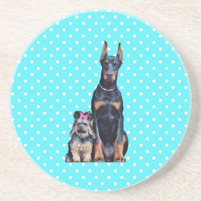 Posavasos Puntos de Polka Azul de Yorkshire Terrier Doberman (Frente)