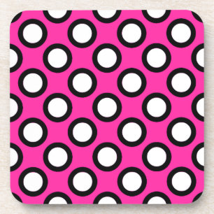 Posavasos Puntos retro en círculo, fucsia, blanco y negro