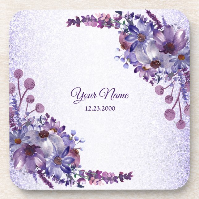 Posavasos Purple Blue Pink Floral Glitter Wedding Party (Frente)