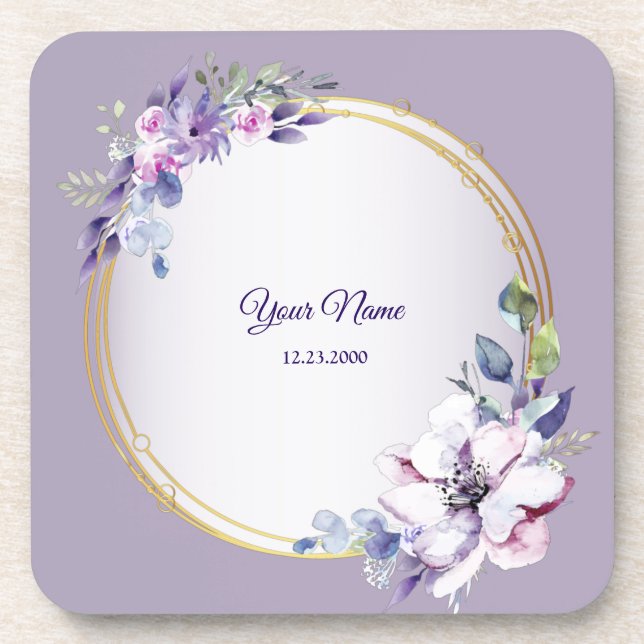 Posavasos Purple Pink Floral Watercolor Golden Wedding (Frente)