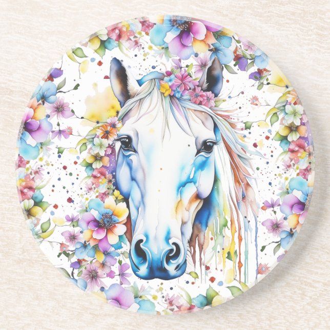 Posavasos Púrpura floral de caballo blanco y rosa bonito (Frente)