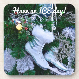 Posavasos Purpurina azul y patines de hielo sobre árbol de N