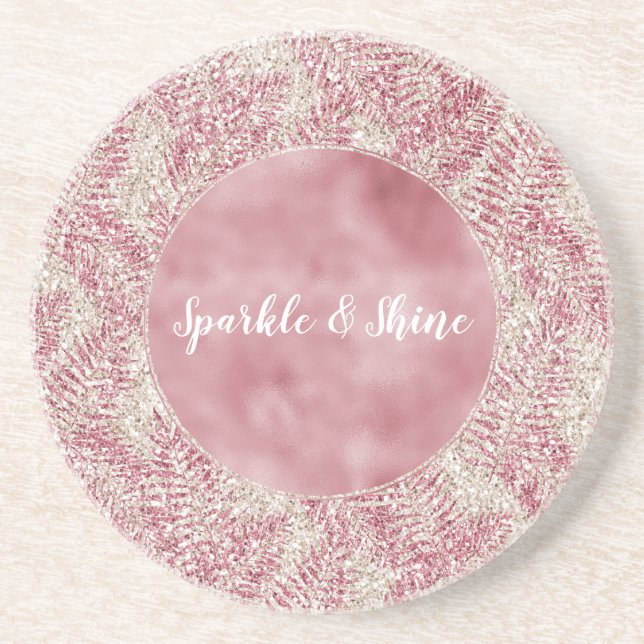 Posavasos Purpurina de Crema Rosa Rosa Glitz Hojas Tropicale (Frente)