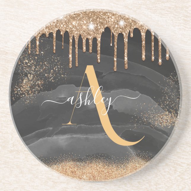 Posavasos Purpurina de goteo de oro Monograma Personalizado  (Frente)