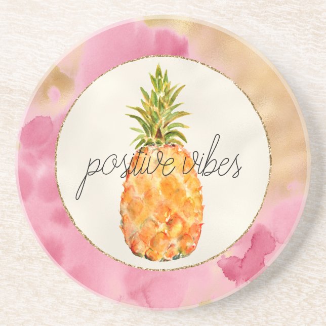 Posavasos Purpurina de oro de piña tropical Girly Pink (Frente)