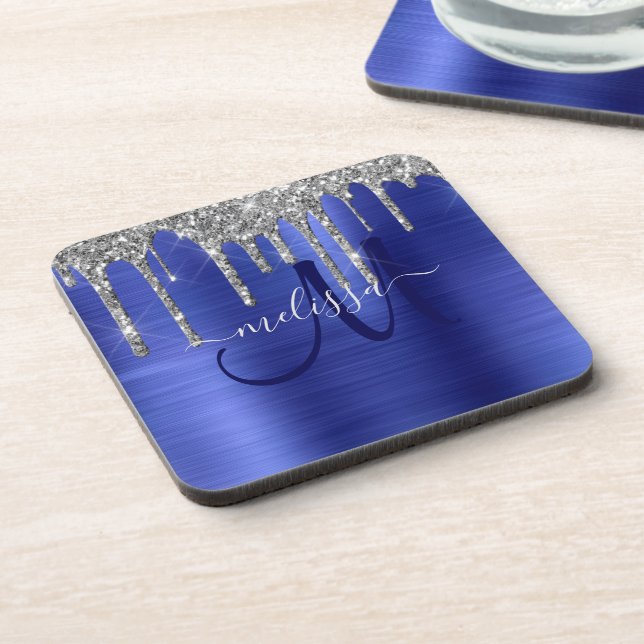 Posavasos Purpurina Girly Blue Dripping Brush Monograma Meta (Lado Izquierdo)