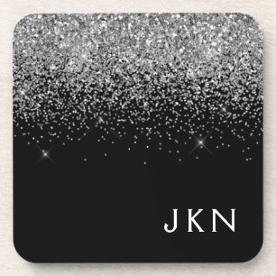 Posavasos Purpurina negro plateado Monograma Girly Name Init