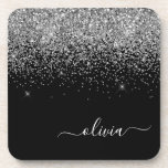Posavasos Purpurina negro plateado Script Monograma Nombre d<br><div class="desc">Máscaras de papel monográfico con guiones de Purpurina negro y plateado. Esto hace que la graduación perfecta, el cumpleaños, el boda, la ducha de novia, el aniversario, la ducha de bebé o la fiesta de soltera sea un regalo para alguien que ama el lujo glam y los estilos de moda....</div>