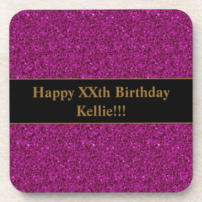 Posavasos Purpurina púrpura con cumpleaños de mensaje (Frente)
