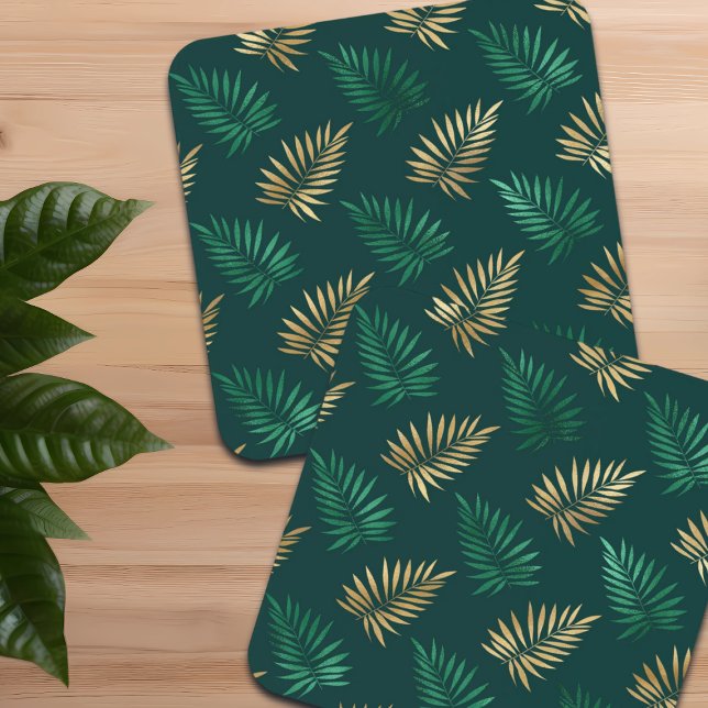 Posavasos Purpurina verde y dorado en hojas tropicales (Subido por el creador)