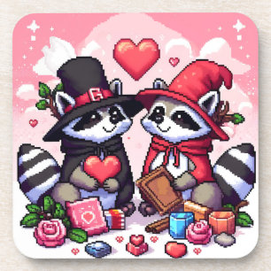 Posavasos Raccoons en arte de píxeles de amor