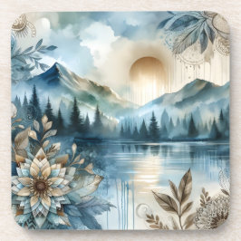 Posavasos Rainy Day Watercolor Mountain Lake Rustic Boho