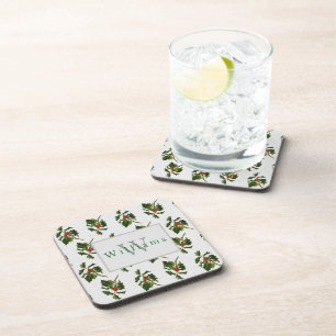 Posavasos Rama de acebo de Navidad monogramada