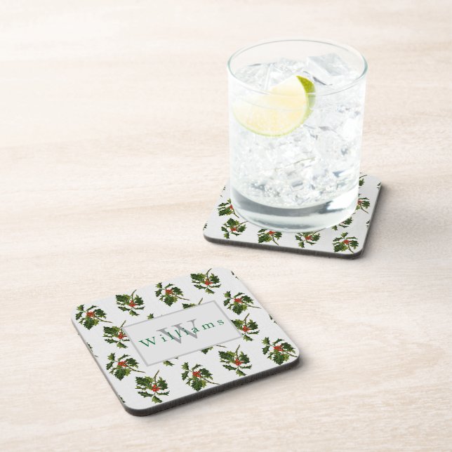Posavasos Rama de acebo de Navidad monogramada (Lado Derecho)