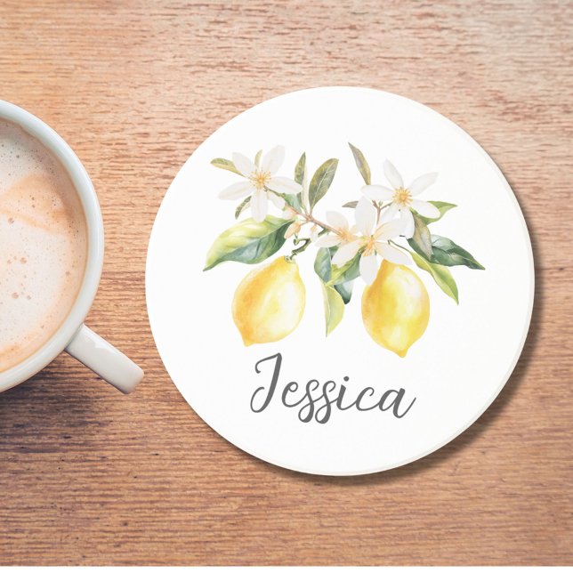 Posavasos Rama de árbol de flores blancas de limón monograma (In situ)