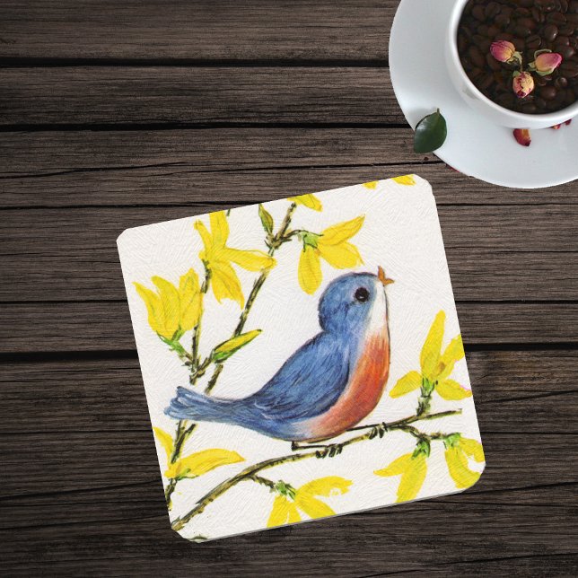 Posavasos Rama de árbol de pájaros azules canto (Little blue and red bird on branch yellow flowers on white textured look paper drink coaster.)