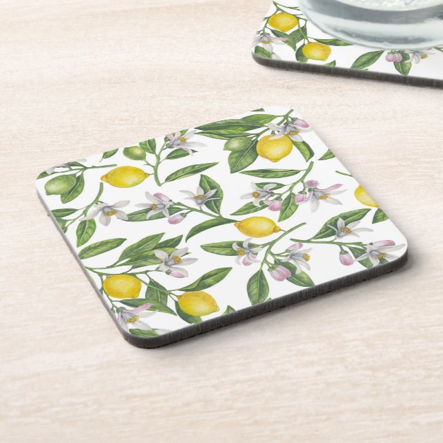 Posavasos Ramas de limón con flores y fruta en blanco (Lado Izquierdo)