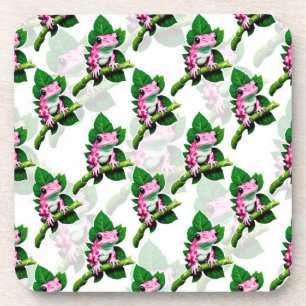 Posavasos Rana Rosa En Diseño De Patrón De Hojas Verdes