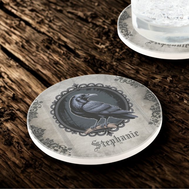 Posavasos Raven gótico con nombre (Gothic raven personalized drink coaster)