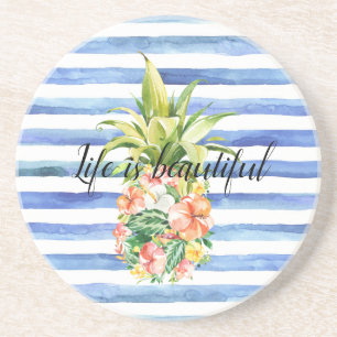 Posavasos Rayas Blancas Azules Floral Tropical Piña