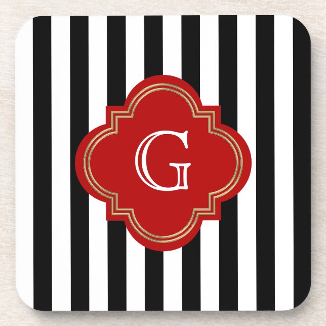 Posavasos Rayas blancas negras, monograma de etiqueta roja (Frente)