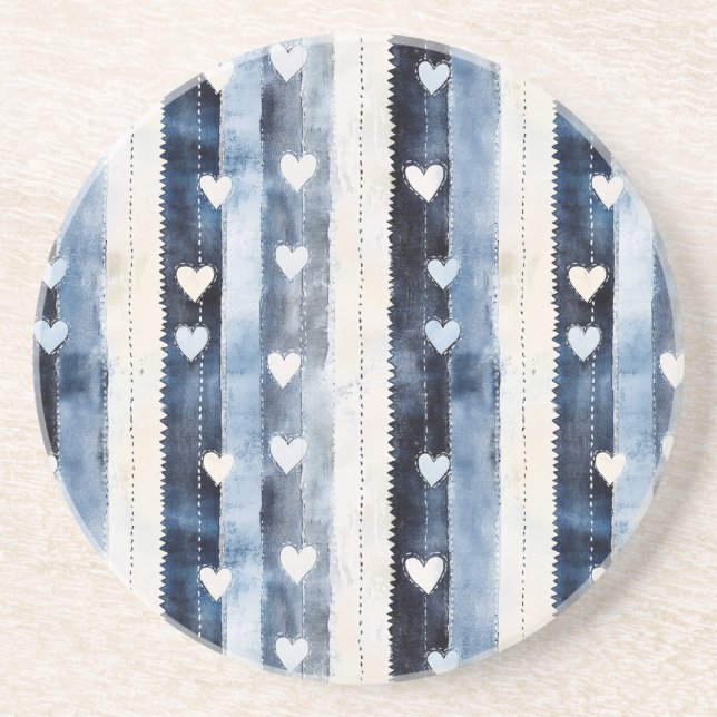 Posavasos Rayas de corazón de denim blanco azul (Frente)