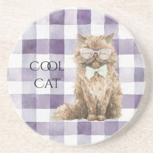 Posavasos Rayas de Cuadro Morado Gafas de Gato Genial Marrón