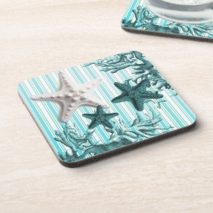 Posavasos rayas náuticas aqua conchas estelares azul