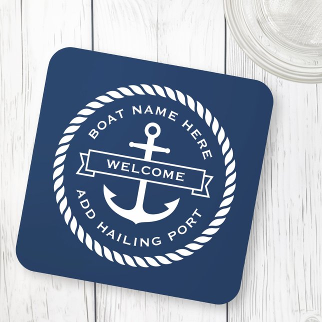 Posavasos Recepción del nombre del barco de aclamación de no (Anchor and rope boat name hailing port welcome beverage coaster)