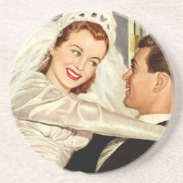 Posavasos Recién casados en una boda vintage, novia y novio 