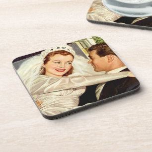 Posavasos Recién casados en una boda vintage, novia y novio