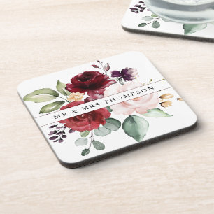Posavasos Recién casados florales con acuarela rosada y vino