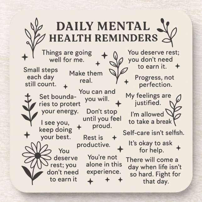 Posavasos Recordatorios diarios de salud mental (Frente)