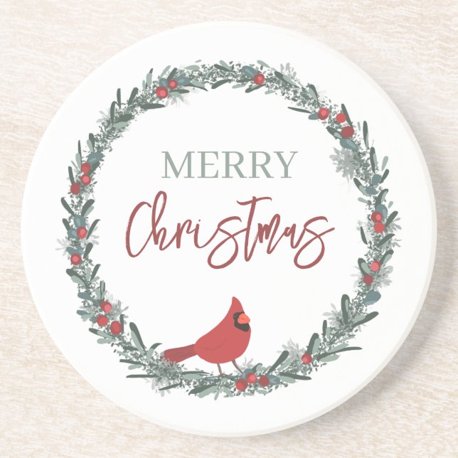 Posavasos Red Berries Wreath and Red Cardinal Christmas  (Frente)