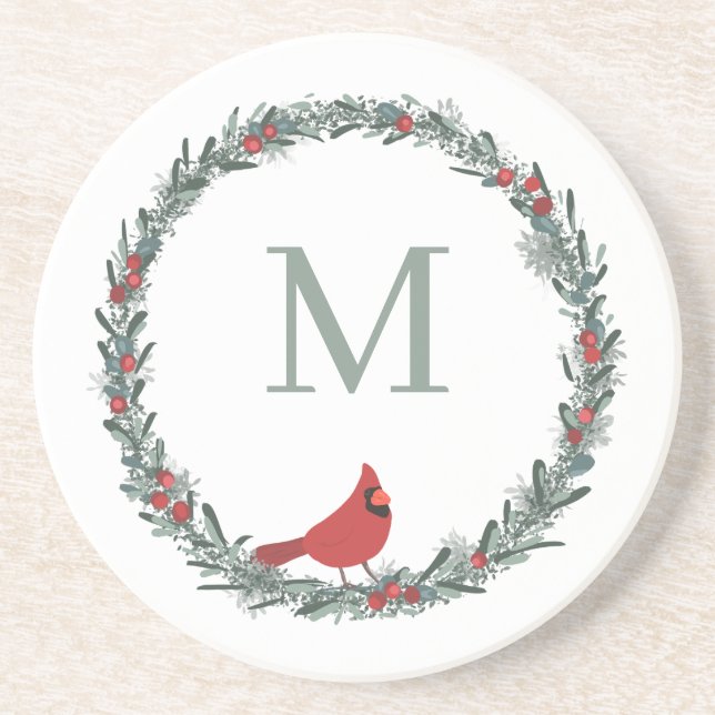 Posavasos Red Berries Wreath and Red Cardinal Monogram  (Frente)