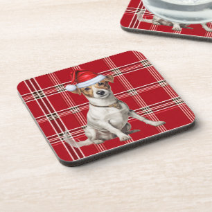 Posavasos Red Plaid y Jack Russell Terrier Dog Navidades