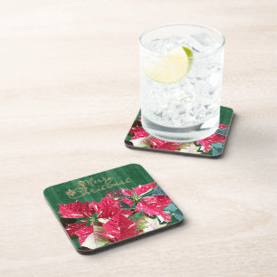 Posavasos Red Poinsettias Merry Christmas Coaster Set (6)