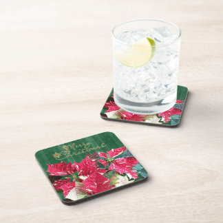 Posavasos Red Poinsettias Merry Christmas Coaster Set (6)