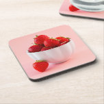 Posavasos Red Strawberries In White Bowl On Pink Photograph<br><div class="desc">A crisp photo by Destei of fresh red strawberries in a white bowl against a blush pink background. The bright,  elegant design adds a cheerful touch to your table setting. Perfect for summer gatherings,  everyday use or anyone who loves fruit-inspired decor.</div>