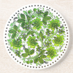 Posavasos Redondo Boho con Patrón de Flor Verde