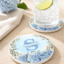 Posavasos redondo de monograma de Hortensia Azul