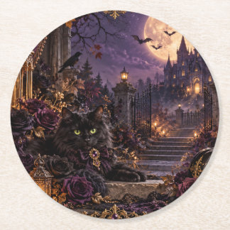 POSAVASOS REDONDO DE PAPEL 幻想的なゴシックハロウィン 黒猫と満月 ラウンドコースター